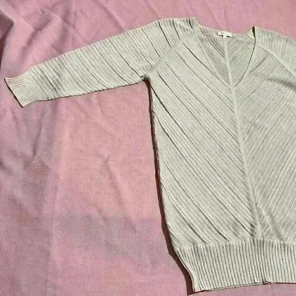 Escada Shimmer Metallic V Neck Half Sleeve Top Blouse Ribbed Semi Sheer Striped - Picture 9 of 11